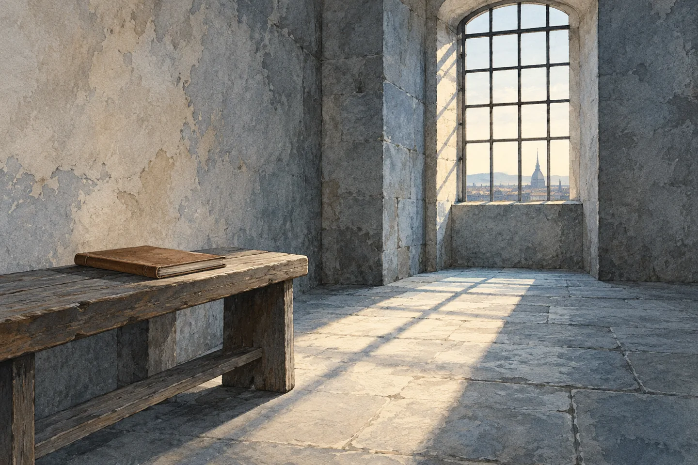 Reflective ink-and-watercolour illustration of a closed notebook on a bench beneath a high window in an imagined stone room; not a reconstruction of a Le Nuove cell.