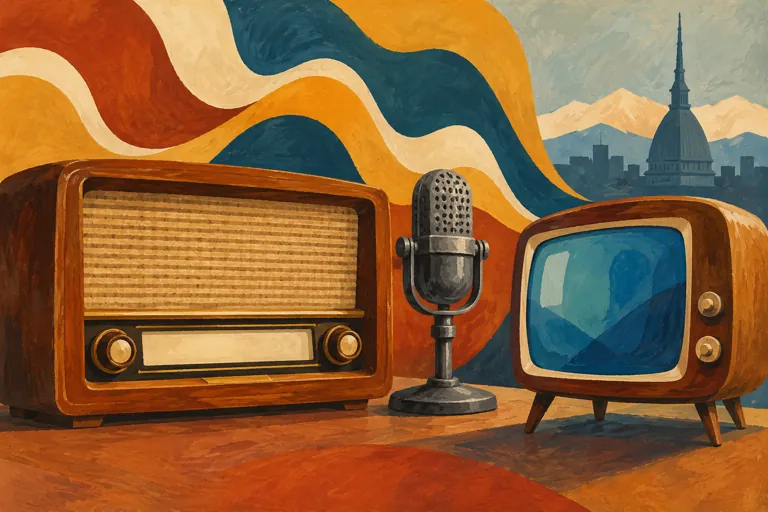 Gouache illustration of a generic wooden radio, microphone and rounded television against abstract sound-wave shapes and an imagined Turin skyline; not actual collection objects.