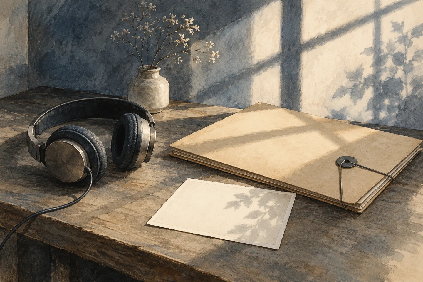 Charcoal-and-watercolour illustration of headphones, blank archival papers and a window shadow; a conceptual image about listening to testimony, not museum evidence.