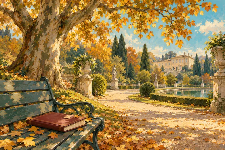 Gouache illustration of an autumn plane tree, a closed book on a bench and an imagined villa garden; an interpretation, not an exact view of the Tesoriera.