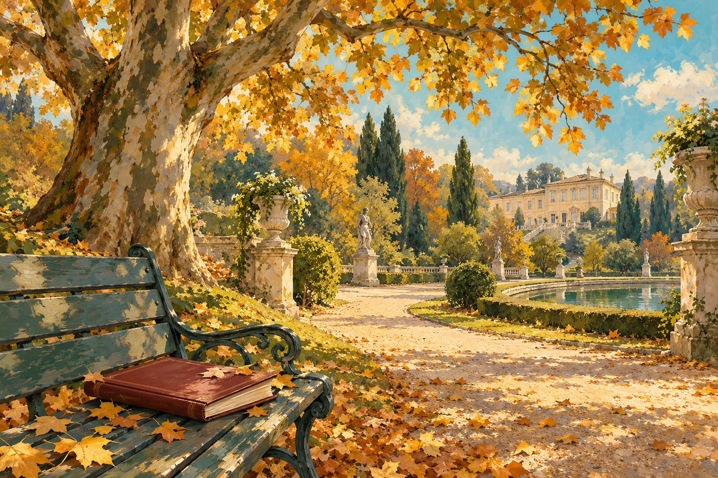 Gouache illustration of an autumn plane tree, a closed book on a bench and an imagined villa garden; an interpretation, not an exact view of the Tesoriera.