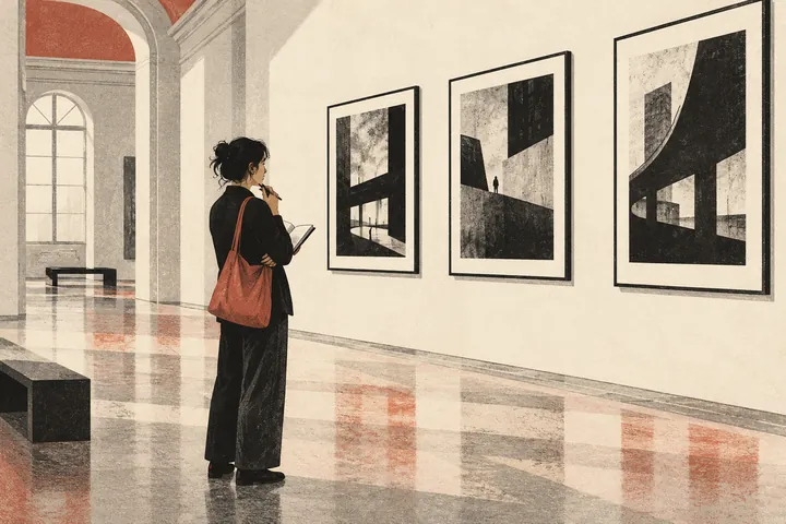 Editorial illustration of a visitor studying invented black-and-white urban images in an imagined photography gallery.