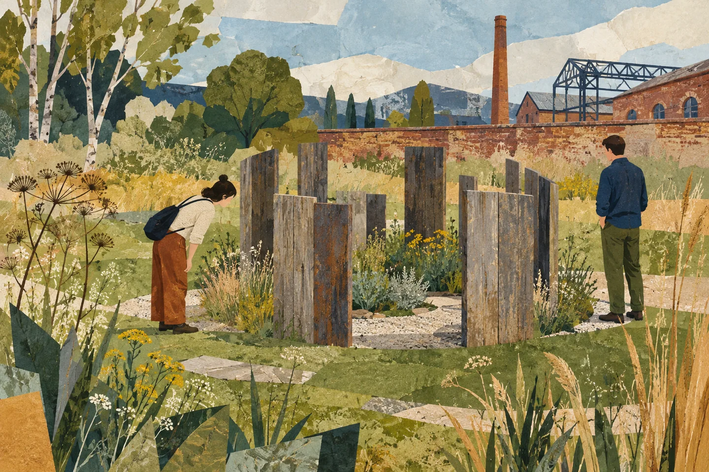 Gouache editorial illustration of visitors considering an invented wooden installation among grasses on a former industrial site.