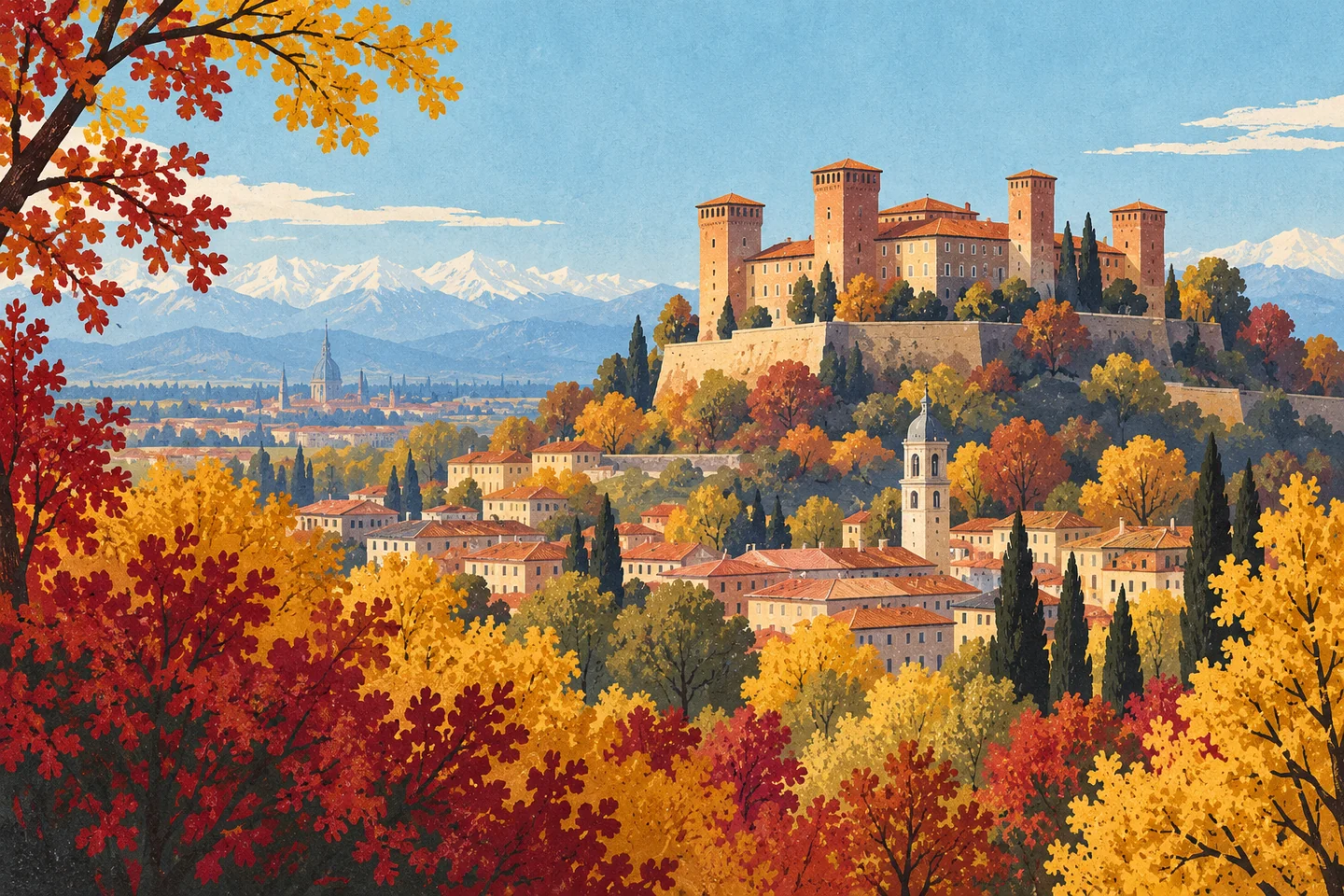 Editorial linocut-style illustration of an imagined Piedmont hilltop castle and town beneath distant mountains, not a reconstruction.