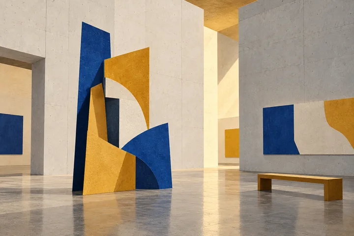 Editorial paper-texture illustration of an invented contemporary gallery with abstract cobalt and ochre forms and an empty bench.
