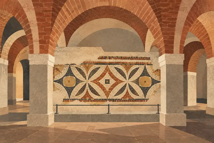 Editorial cut-paper illustration of invented brick vaults surrounding a geometric mosaic display.