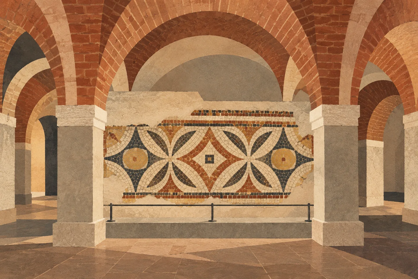 Editorial cut-paper illustration of invented brick vaults surrounding a geometric mosaic display.