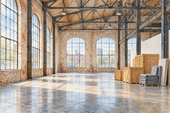 Editorial watercolor of an imagined industrial gallery during changeover, with closed crates and an empty sunlit floor.