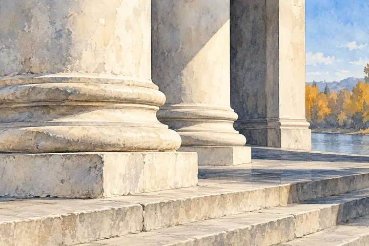 Editorial architectural study of imagined pale column bases and broad steps beside an autumn river.