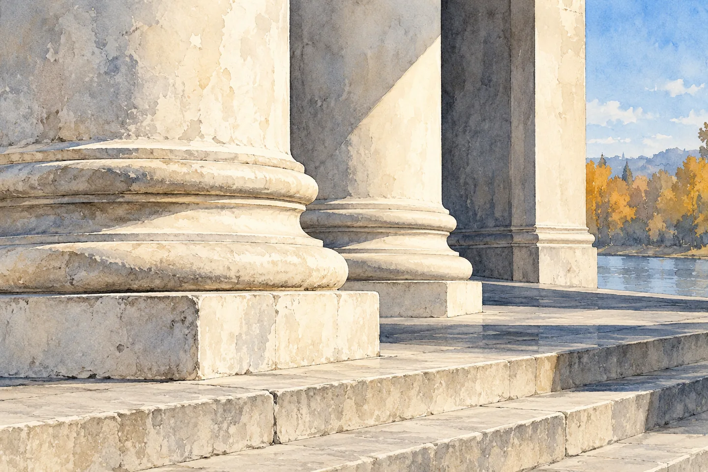 Editorial architectural study of imagined pale column bases and broad steps beside an autumn river.