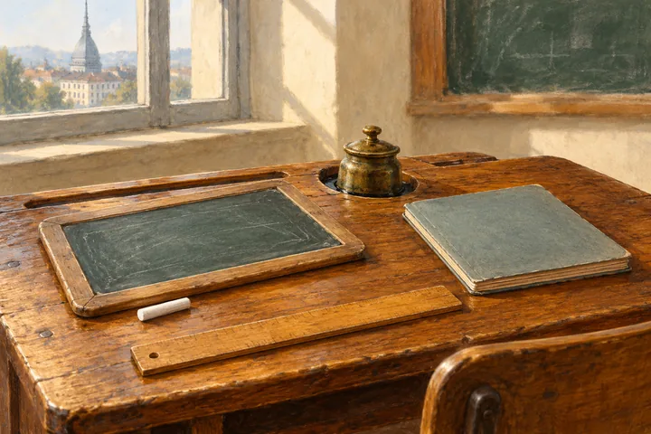 Editorial illustration of a wooden school desk with a slate, chalk, book, inkwell and ruler in an imagined classroom.