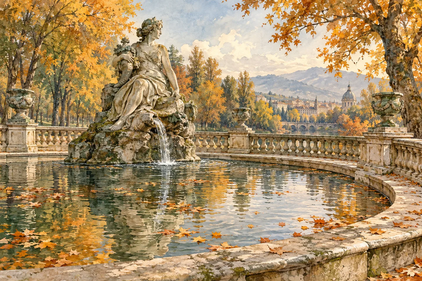 Editorial watercolor of an imagined stone fountain, classical figure and curving balustrade among golden autumn trees.