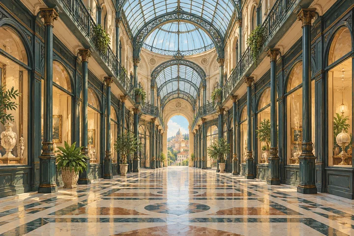 Editorial gouache of an imagined covered shopping passage with a glass roof, slender columns, upper balconies and patterned floor.