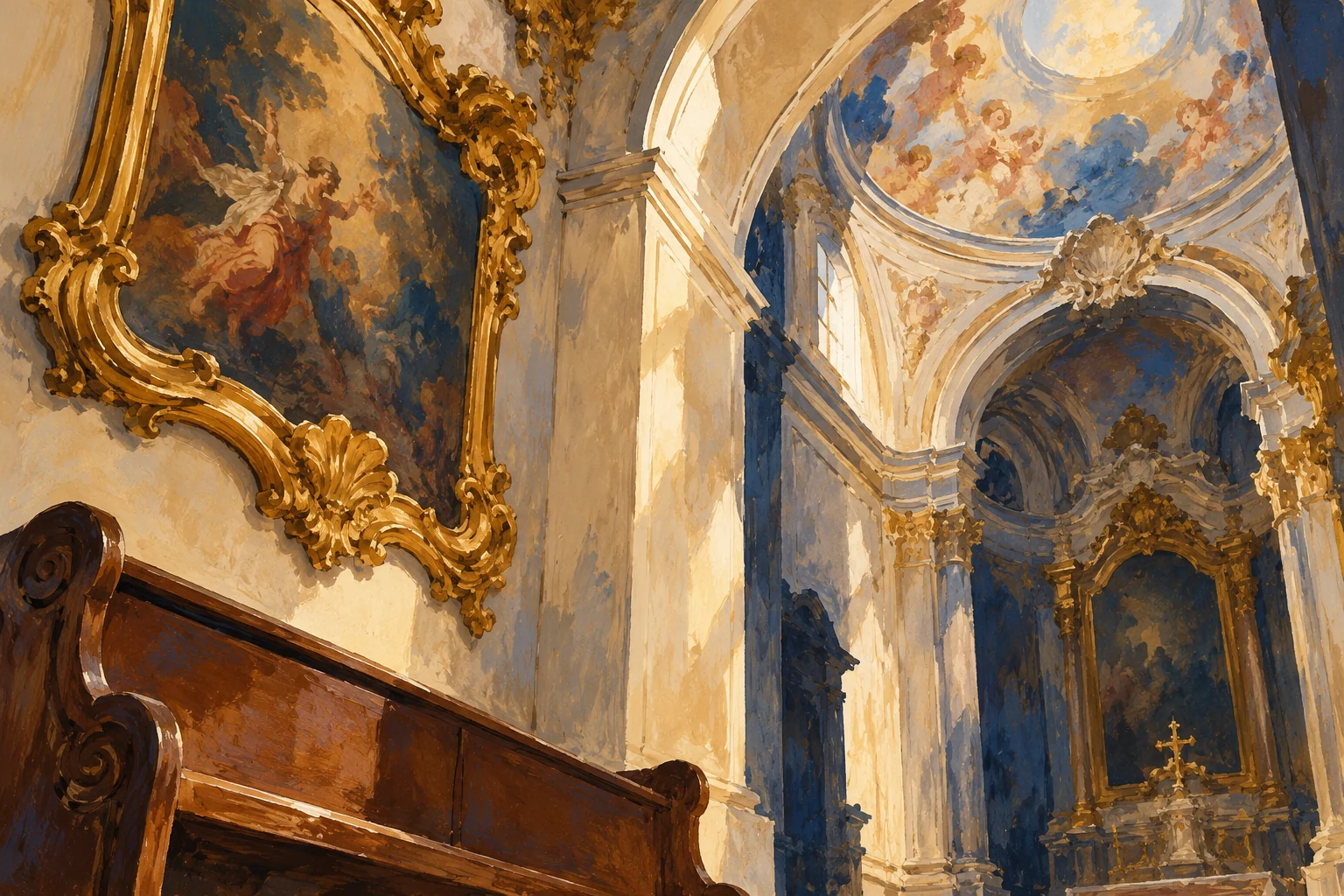 Editorial gouache of an imagined Baroque chapel with a curved gilded frame, wooden pew and softly painted vault.