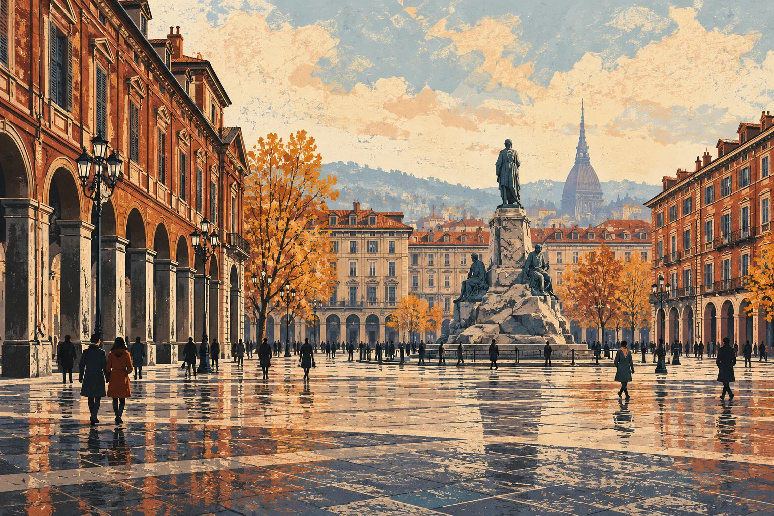 Editorial linocut and gouache of an imagined Turin-inspired arcaded square, rocky monument and autumn pedestrians.