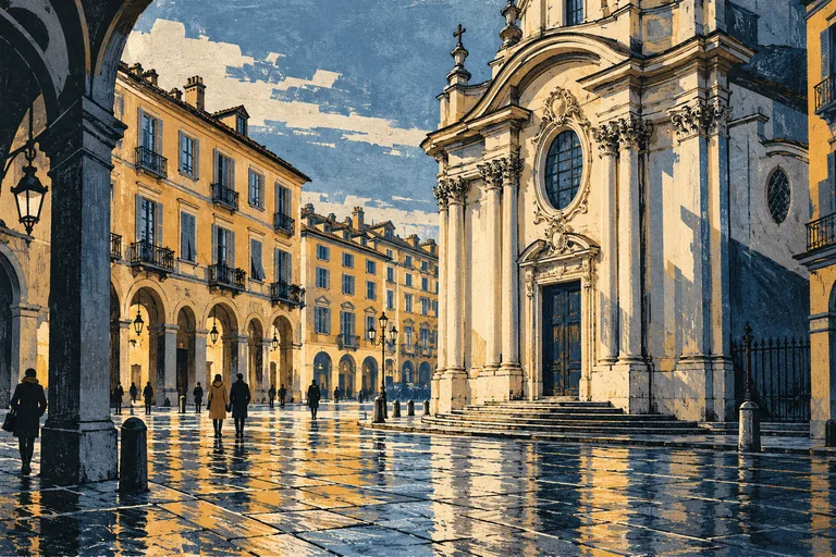Editorial linocut and gouache of an imagined Baroque church façade beside ochre Turin-inspired buildings and rain-darkened paving.