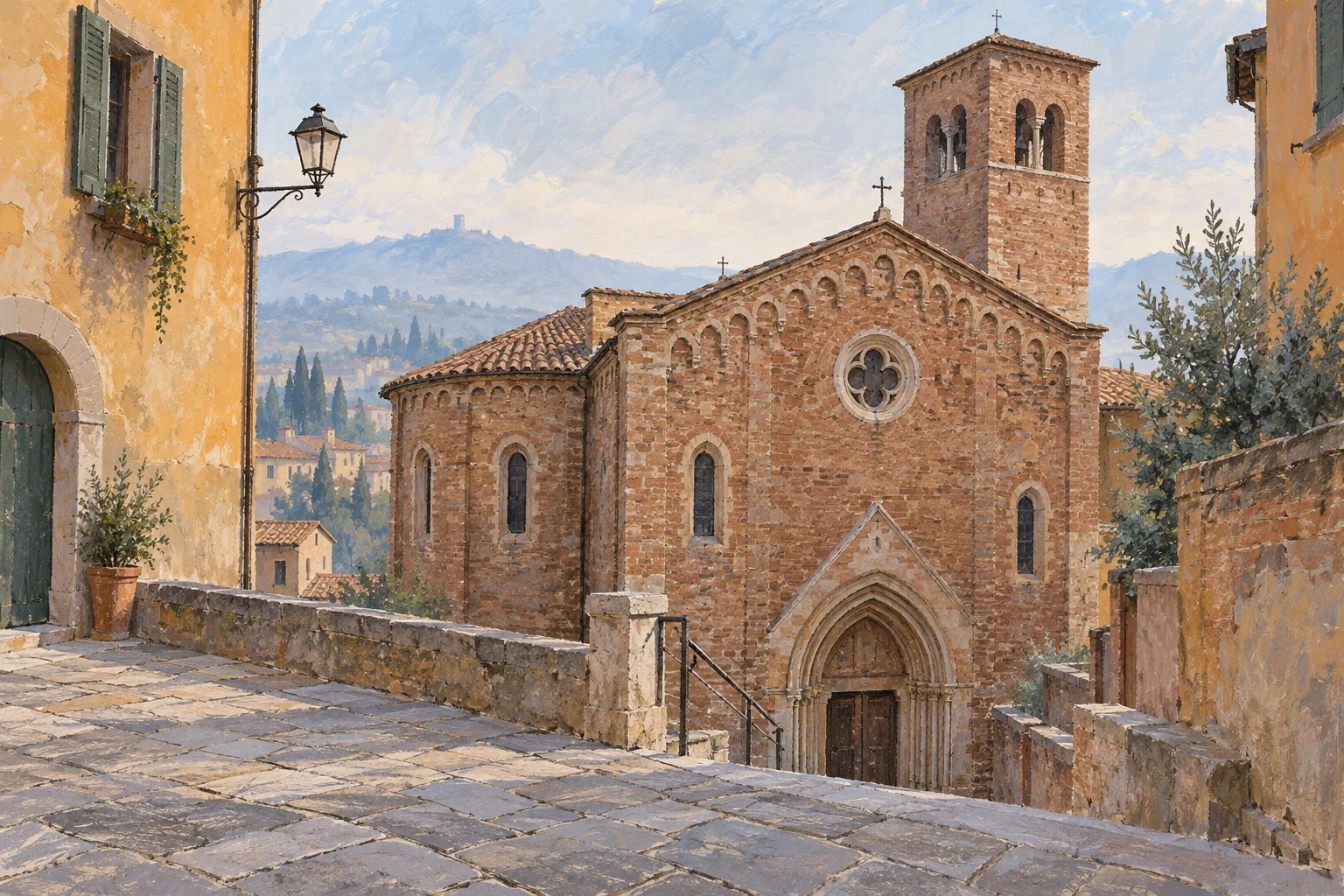 Editorial watercolour of an imagined medieval brick church with a pointed doorway below a modern paved street.