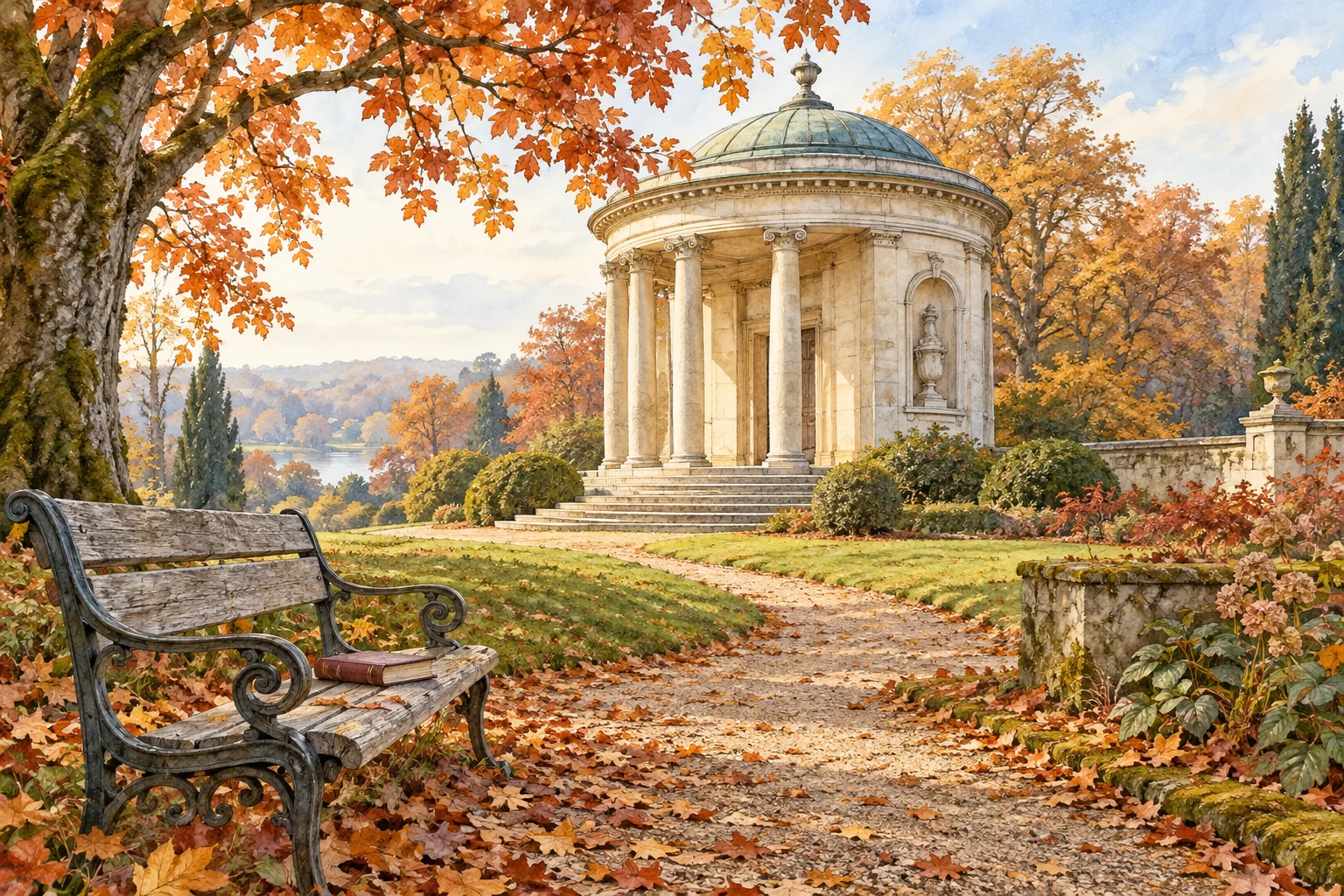 Editorial watercolour of an imagined circular neoclassical pavilion, autumn trees and an empty reading bench with a closed book.